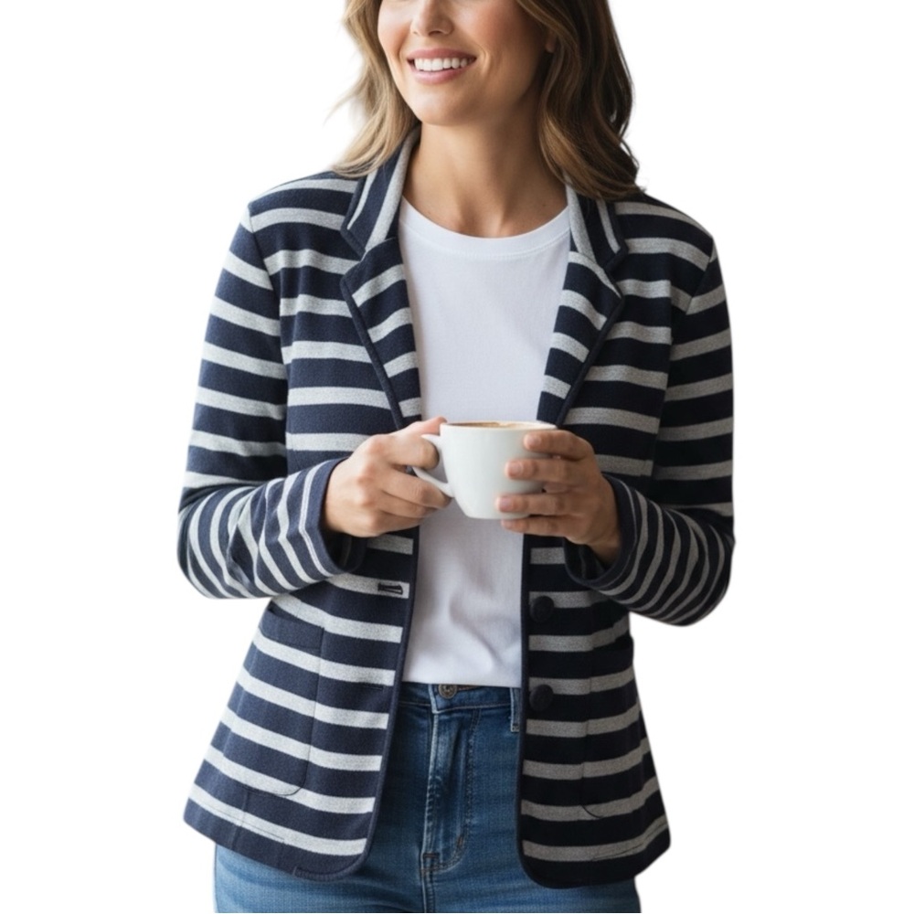 Navy & Light Gray Striped Cotton Cardigan Sweater Jacket - Large